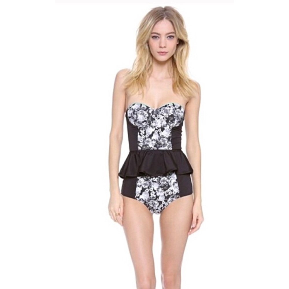 Zinke Black and White Floral Strapless Peplum One-Piece
